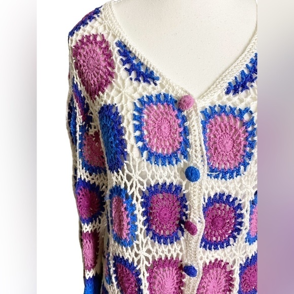 Haband Womens Medium Granny Square Purple & Blue with White Crochet Jacket - Picture 3 of 10